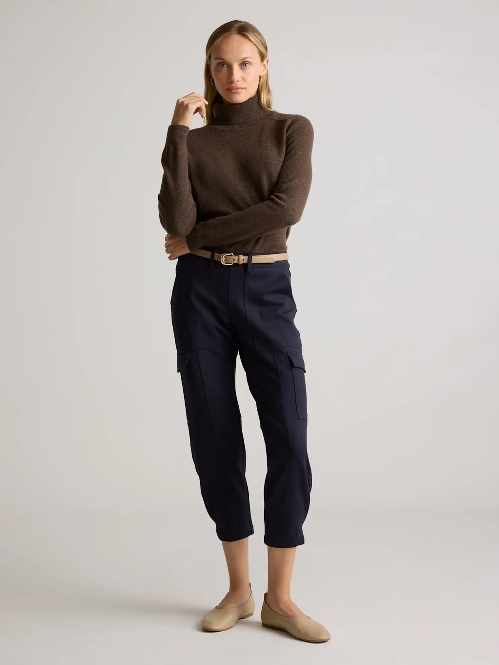 Quince Ultra-Stretch Ponte Tapered Cargo Pants in Navy